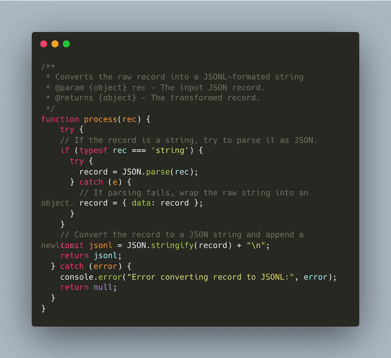Meroxa custom javascript JSONL conversion processor code