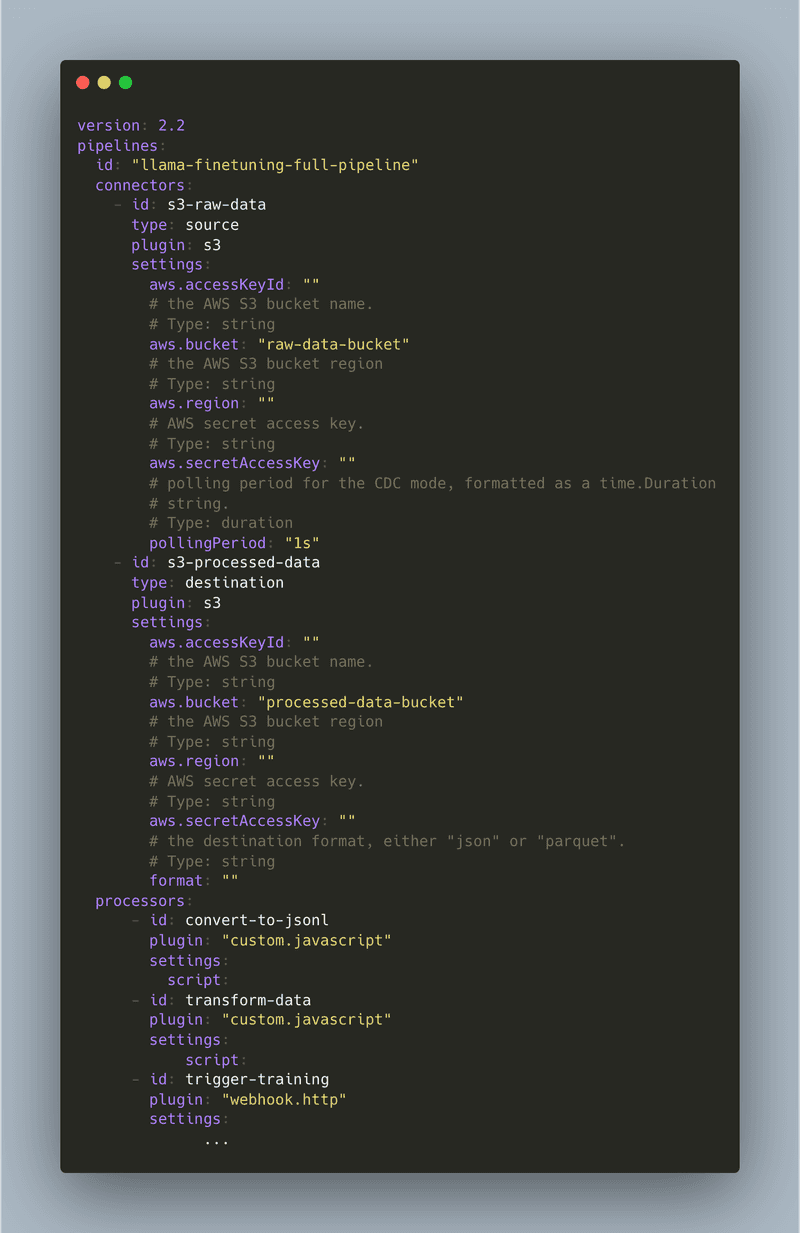 Meroxa pipeline.yaml with placeholders